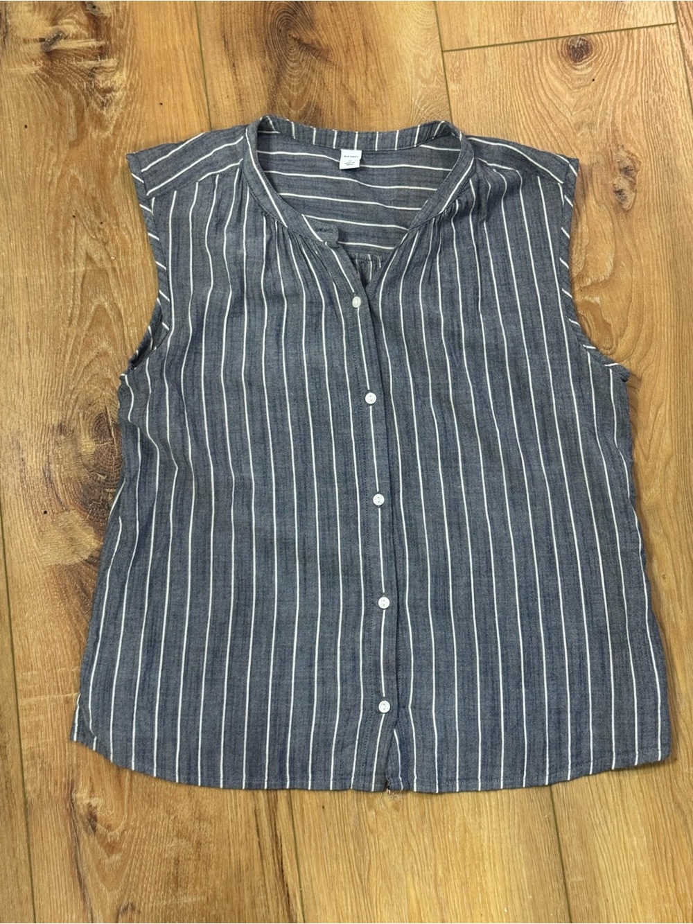 Old Navy Navy and White Vertical Stripe Sleeveless Button-Down Top